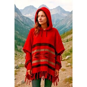 Handwoven Wool Poncho Hoodie Oversized Fit Red Black Gray Striped Boho70s